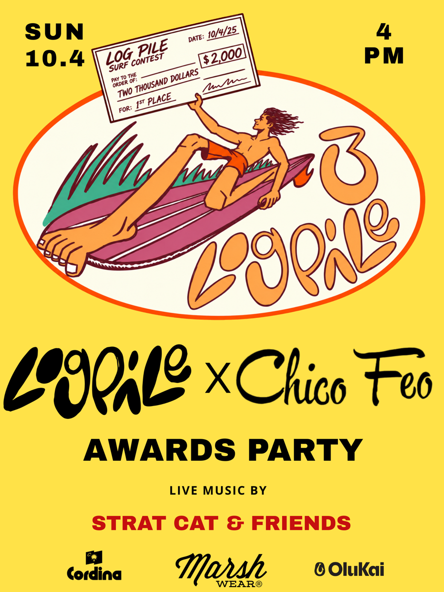 Log Pile x Chico Feo Awards Party flyer — Sunday October 4 at 4PM, $2,000 first place check, live music by Strat Cat & Friends
